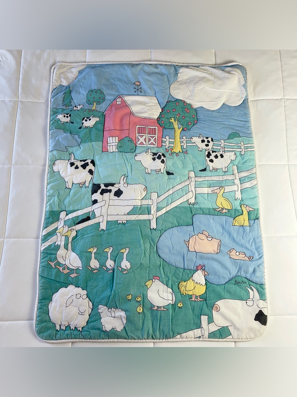 Vintage 1990s Sandra Boynton Barnyard Farm Animals Quilted Baby Blanket